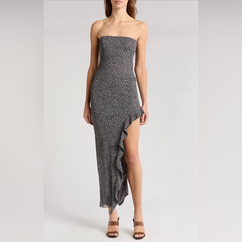 AFRM Strapless Black & White Leopard Ruffle Maxi Dress
